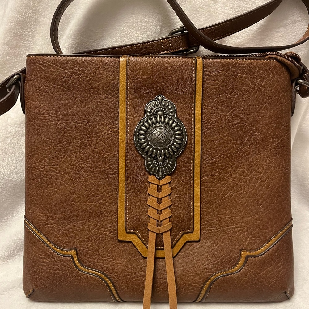 Justin Boots Brown and Tan Leather Crossbody Bag with Concho